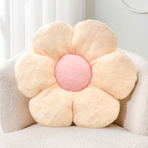 Kcvvcr Beige Flower Pillow, Cute Decorative Flower Shaped Throw Pillow with Faux Rabbit Fur, 19.6" Soft Daisy Plush Floor Cushion Aesthetic Room Decor for Bed Sofa Couch - color: Beige, size: 19.6 Inch