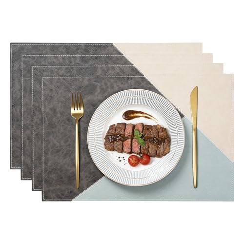 New Microfi Indoor/Outdoor Washable Faux Leather Vinyl Patchwork Placemats, Set of 4 (Blue) - color: Blue
