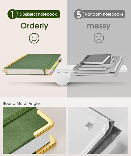 Hardcover Spiral Notebook 8.5"x11" Journal with Removable Dividers Tabs, 300 Pages Leather 5 Subject Notebook College Ruled, Large A4 Notebooks for Work School, Lined Journal for Women, A4 Green - color: Green, size: 8.5"x11"