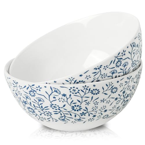 Cereal Bowls Large Soup Bowl Set of 2, Blue and White Ceramic Bowls 42oz, Floral Japanese bowl for Salad, Rice, Snack, Ramen, Pasta, Fruit, Microwave Dishwasher Safe, 7 inch - color: white 2