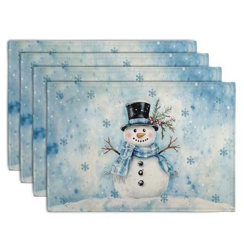 Blue Snowman Snowflake Winter Placemats Set of 4 Seasonal Christmas Linen Table Mats 12x18 Inch Xmas Holiday Snow Farmhouse Rustic Washable Place Mats for Party Kitchen Dining Outdoor Indoor Decor - color: Blue Snowman Placemats Set of 4 - a