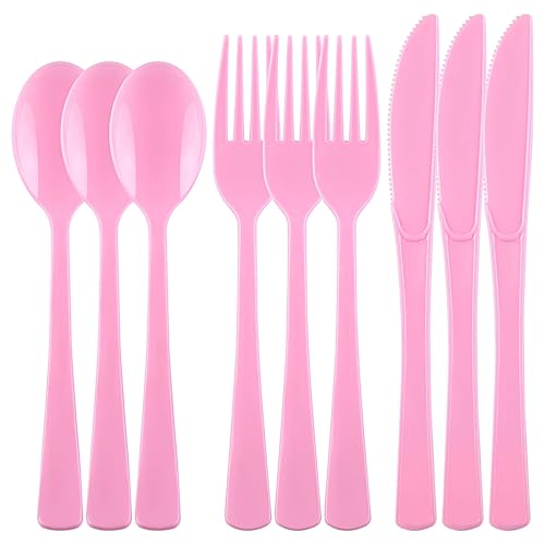 Kochorie 300 Pieces Light Pink Plastic Silverware with Spoons Forks Knives - color: Light Pink