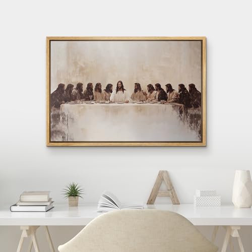 MUDECOR Framed Canvas Print Wall Art Biblical-Inspired Last Meal Scene Neutral Religious with Jesus and Disciples Illustrations Fine Art Decorative Farmhouse Retro for Bedroom - 16"x24" Natural - color: A10-2507-m02, size: 24"L x 16"W