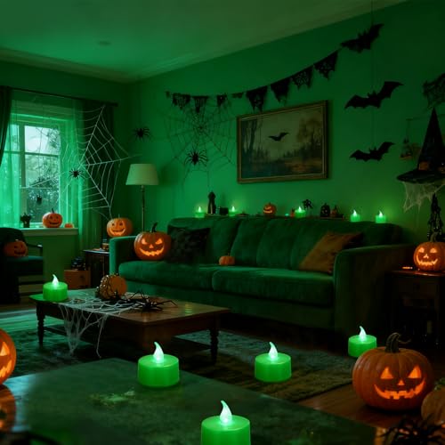 KOABY 12 Pack Green Light Flameless Tea Lights, Green Base, Last 100H - color: Green Light, Green Base, size: 12 Pack