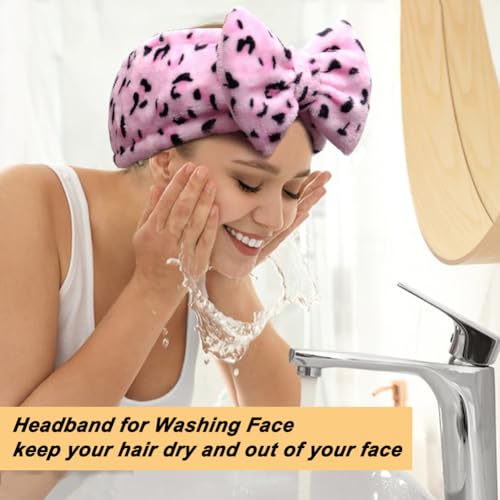 Shintop Women Fashion Lovely Soft Carol Fleece Bowknot Bow Makeup Cosmetic Shower Elastic Hair Band Hairlace Headband (Pink) - color: pink leopard