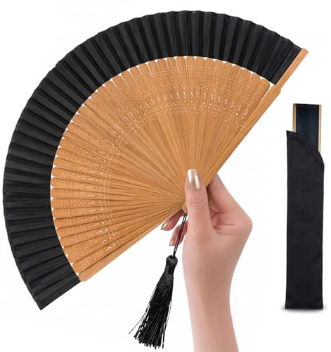 Japanese Folding Hand Fan for Women - Bamboo Silk Handheld Foldable Fan with Tassel & Pouch for Hot Flashes, Rave, Church, Gift,Wedding - Whisper-Quiet, Purse Size (Bamboo Black) - color: Bamboo Black