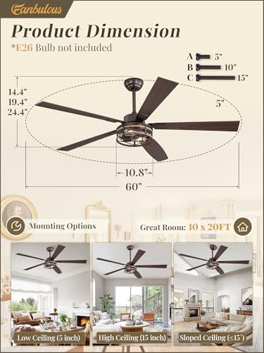 Fanbulous Ceiling Fan with Light & Remote, 60" Farmhouse Caged, DC Motor - color: Oil Bronze, size: 60 Inch