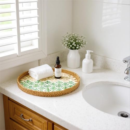 13.8" Round Mother of Pearl Inlay Rattan Forest Green Design Serving Tray - color: Forest Green
