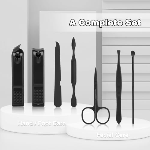Manicure Set-Stainless Steel Nail Care Set-Professional 7 in 1 Ingrown Toenail Clipper Grooming Tool-Pedicure Kit & Toe Nail Cutter-Thick Nail Scissors Toiletries with Cuticle Trimmer (Black) - color: Black