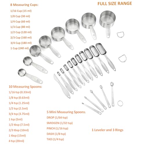 Measuring Cups and Spoons Set of 24 Piece in 18/8 Stainless Steel, Heavy Duty 8 Measuring Cups, 10 Measuring Spoons, 1 Leveler & 5 Mini Measuring Spoons Ideal for Dry and Liquid Ingredients - size: 24 Pieces: 8 Cups + 15 Spoons + 1 Leveler