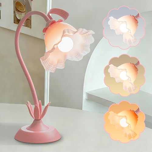 Pink Flower Table Lamp,Cute Lily Desk Lamp,Vintage LED Reading Light - color: Pink