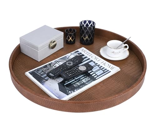 HofferRuffer Large Round Serving Tray 24'', Elegant Faux Leather Circle Ottoman Table Tray, Serve Tea Coffee Breakfast in Bedroom Living Room Kitchen (Antique Brown, 24'') - color: Antique Brown, size: 24"