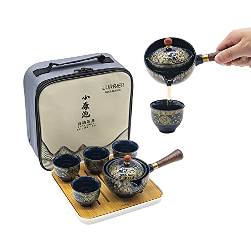 LURRIER Porcelain Chinese Gongfu Tea Set,Portable Teapot Set with 360 Rotation Tea maker and Infuser,Portable All in One Gift Bag for Travel,Home,Gifting,Outdoor and Office (Floral Blue) - color: Floral Blue