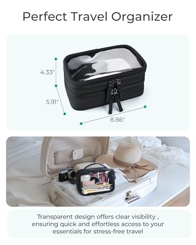 BAGSMART Double Layer Clear Makeup Bag, TSA-Approved Toiletry Bag, Large Opening with Handle, Cute Water-Resistant Travel Cosmetic Bag with Double Zipper for Car Essentials(Black) - color: Black, size: Large
