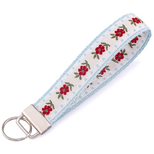 LNKRE JEWELRY Womens Embroidered Wristlet Keychain, Cute Key Chain Lanyard - color: Blue