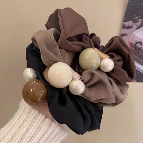 3PCS Fashionable Elegant Korean Scrunchies,Pearl Bead Hair Scrunchie,Satin Fabric Hair Accessories,Sparkly Ponytail Holder Handmade