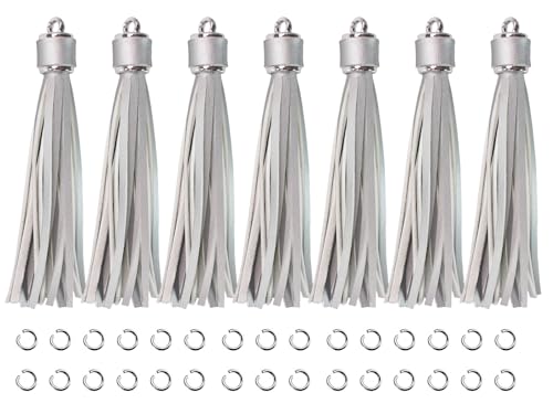 4.3'' Silver Leather Tassels 12Pcs with Silver Caps for Keychains - color: Silver