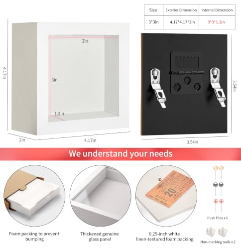 3x3 Mini Shadow Box Picture Frame with Real Glass and Linen Back - color: White + Thickened Panel + Foam Packaging, size: 3x3