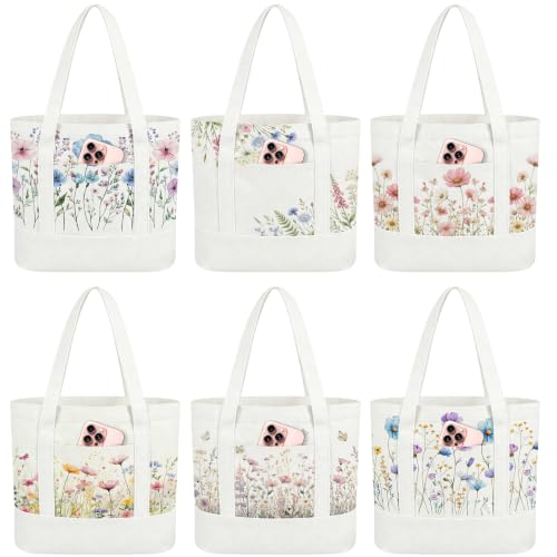 6 Pcs Mini Floral Bow Tote Bags for Women White Canvas Tote Bag Bulk Reusable Coquette Bags for Wedding Party Favor - color: Wildflower