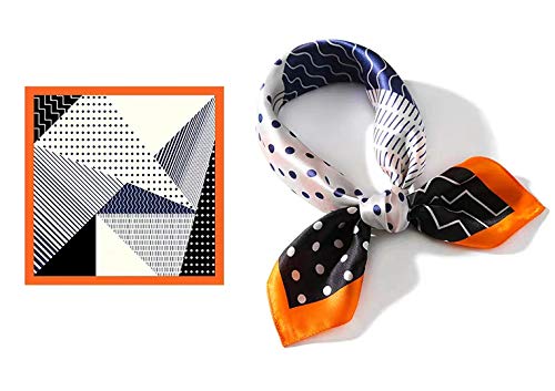ANDANTINO 100% Mulberry Silk Scarf -21” Square Neckerchief with Gift Packed - color: Black& Orange Geometric