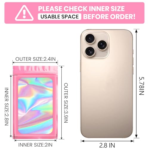 Funfery 100 pcs Pink Smell Proof Mylar Holographic Bags Packaging Bags,2.4x3.9Inch Clear Resealable Odor Proof Bag Foil Pouch Bag for Food Storage,Lipgloss,Jewelry,Eyelash Packaging Small Business - color: Pink, size: 2.4 x 3.9 Inch
