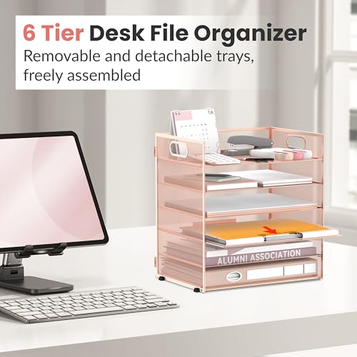 Daltack 6-Tier Paper Organizer for Desk with Handle, Rose Gold - color: Rose Gold