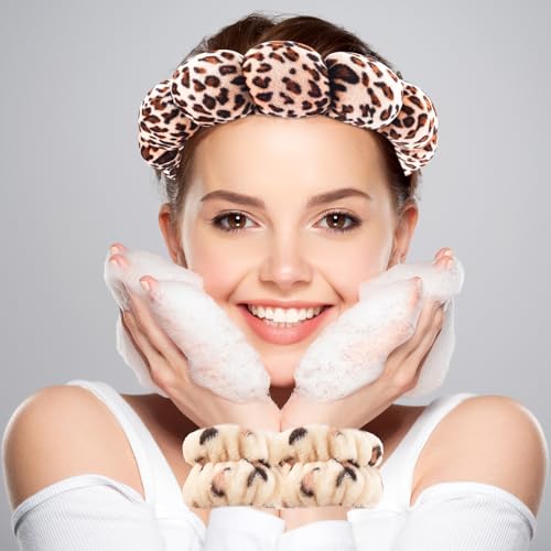 Zkptops Spa Headband for Washing Face Wristband Set Sponge Makeup Skincare Velvet Fabric Bubble Soft Get Ready Hairband for Women Girl Puffy Padded Headwear Non Slip Thick Hair Accessory(Leopard 1) - color: ZFG Gold Velvet Leopard 1
