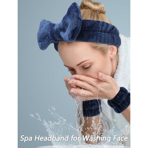 VELSCRUN Spa Headbands for Wash Face, Makeup Headband, Facial Skincare Headbands, 5 Pcs Dark Blue Puffy Sponge Spa Headband Bow Tie Hair Band Hair Clips Wristband Set Women Girls Accessories - color: Dark Blue