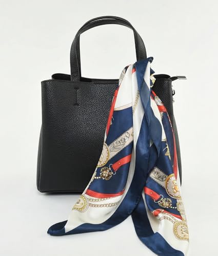 corciova Women’s Square Scarf 27.5 in (70 x 70 cm), Satin-Feel Polyester, Lightweight Fashion Scarf for Hair, Neck and Bag - color: Equestrian Chain Belt (Navy Blue / Red / Cream / Gold)