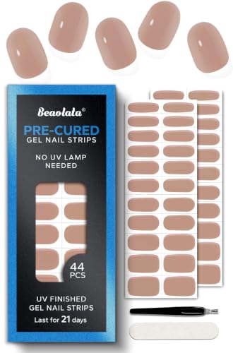 Real Gel Nail Strips (No UV Light Needed) - 44Pcs Salon Quality Nail Stickers - Long Lasting Polish Wraps for Women, Easy Apply & Remove (Minimal Nude) - color: Minimal Nude