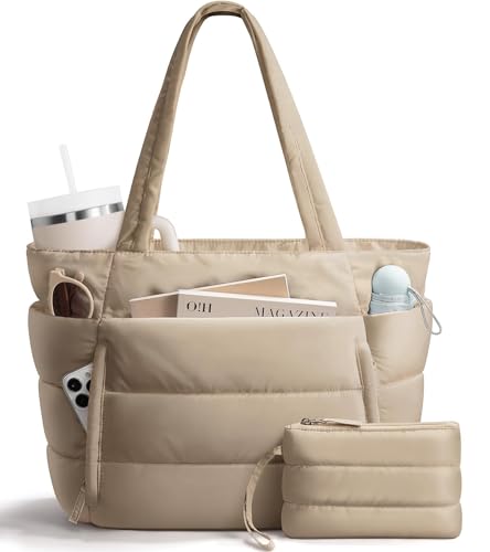 Bagstellar Puffer Tote Bag for Women, Lightweight Puffy Travel Gym Work Bag - color: Camel