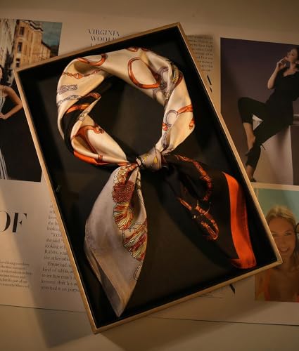 corciova Women’s Square Scarf 27.5 in (70 x 70 cm), Satin-Feel Polyester, Lightweight Fashion Scarf for Hair, Neck and Bag - color: Equestrian Horse Bit Chain (Orange Black Grey Off White)