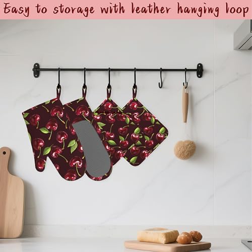 Red Cherry Heat-Resistant Silicone Oven Mitts and Pot Holders,Long Oven Gloves with Non-Slip Grip for Cooking, Baking, Grilling,BBQ - color: Red Cherry