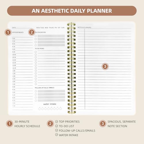 Undated Daily Planner - Spiral Notebook 80 Days One Day Per Page, Hourly Schedule, To-Do List, Notes, Everyday Planning Task, A5 Hardcover Journal Organizer Book Women Cute, White Flower - color: Line Flower