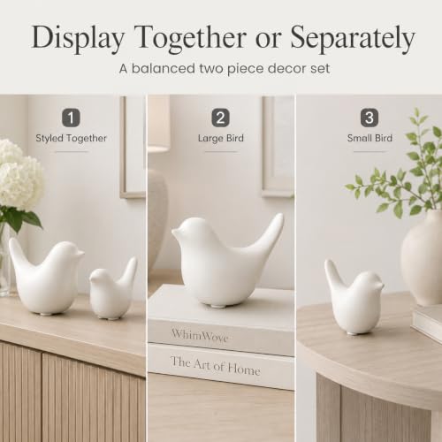 White Ceramic Bird Figurines and Statues, 2 Piece Bird Decor - color: White