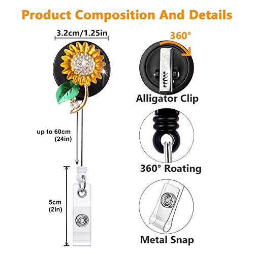 Crystal Badge Reel Retractable ID Holder with Bling Sunflower Design - color: Sunflower