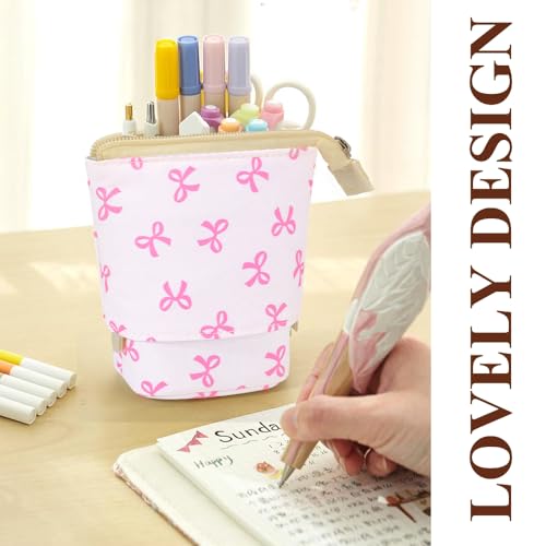 KPX Cute Standing Pencil Case Pen Holder for Kids, Pop Up Stand UP Bubble Tea Pen Organizer Kawaii Stationary for Christmas Holiday New Year Office (Bow) - color: Bow