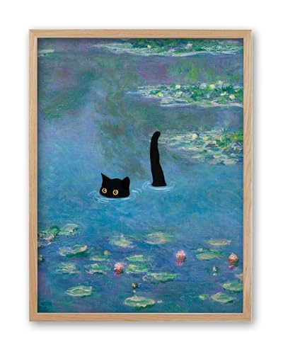 iHery 8x10in Natural OAK Wood Framed Monet Water Lily Cat Wall Art - color: Oak Wood Framed Monet Cat, size: 10"L x 8"W