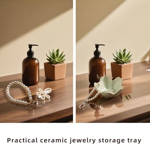 Floral Ceramic Jewelry Tray, 3.5" Ring Holder Trinket Bowl - color: green