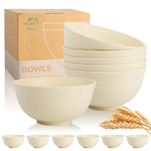 Wheat Straw Bowls Set of 6, 26 OZ Unbreakable Cereal Bowls, Reusable Plastic Bowls for Camping, Dorm, RV, Picnic, Lightweight Salad Soup Bowls, Microwave & Dishwasher Safe, Beige - color: Beige, size: 26 OZ