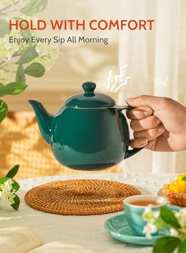 Sweese Teapots for Tea, 27 oz Porcelain Tea pot with Removable Stainless Steel Infuser, Tea Pots for Loose Tea - Dark Green - color: Dark Green, size: 27oz (with infuser)