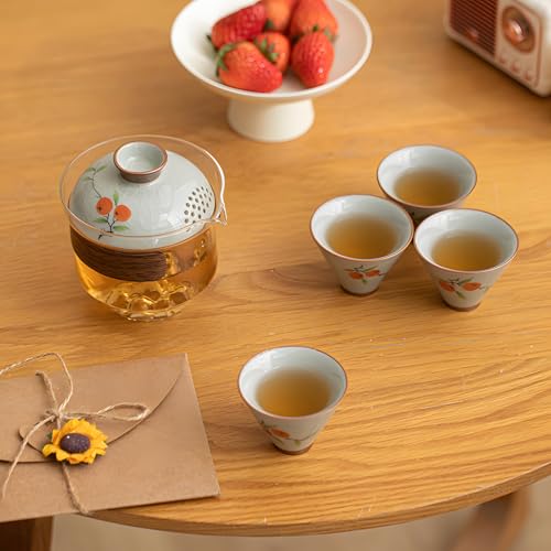 TBACW Travel Tea Set with 4 Cups, Persimmon Design, All The Best - color: All The Best 1 Pot 4 Cups