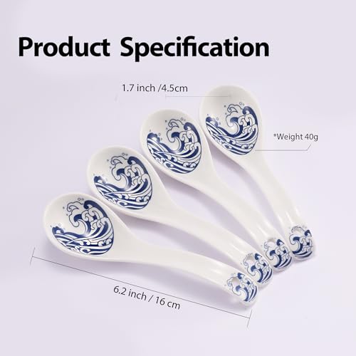 Hagary Ceramic Spoon Soup Spoons Asian Soup Spoon Chinese Korean Japanese Ramen Spoons Set of 4 with Hole 6.2 Inch (Blue - Wave) - color: Blue - Wave
