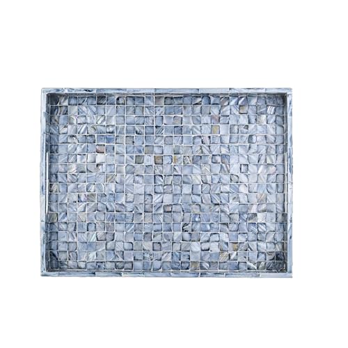 PEMAR Rectangular Mother of Pearl Serving Tray Nacre Wood Lap Ottoman Tray for Coffee Table, Luxury Decorative Handmade Eating Platters w Insert Handles (Blue) - color: Blue