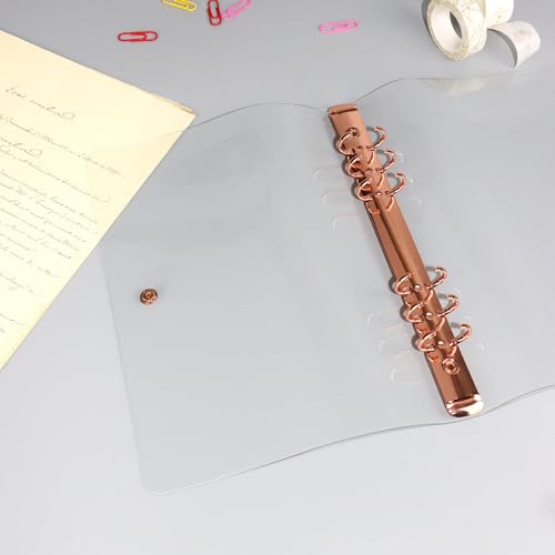 Personal A5 Transparent PVC Binder Cover Clear Soft PVC Notebook Shell Rose Gold 6 Rings Protector with Snap Button Closure Loose Leaf Folders (Personal A5, Clear Cover + Rose Gold Binder) - color: Clear Cover + Rose Gold Binder, size: Personal A5