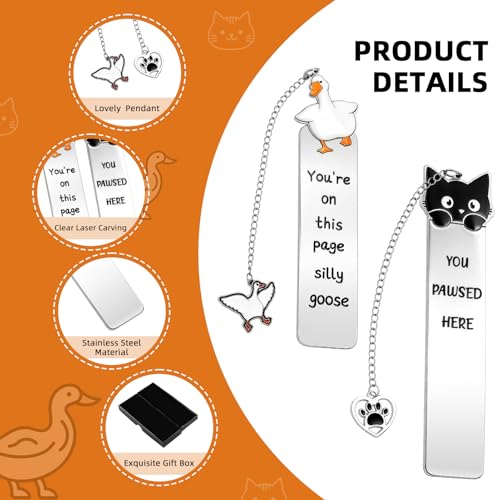 2Pcs Cat Silly Goose Bookmark Funny Gifts for Men Women Book Lover Cute Metal Book Mark Stainless Steel Bookmark Reading Lover Gifts Accessories Unique Friend Coworker Teacher Gift Birthday Gift - style: Am-cat goose