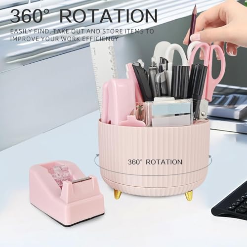 Pink Office Desk Accessories, 15pcs Office Supplies 360°Pen Holder , Stapler, Staple Remover, Tape Dispenser,Tape Refills, Binder Paper Clips Kit, Scissor, Cute Desk Accessories for Women Gift Set