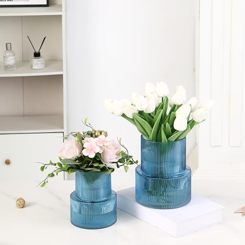 Ribbed Glass Vases for Bouquet, Set of 2 Blue Vases for Flowers, Blue Glass Vase for Tulips, Modern Vase for Living Room, Office, Coffe Table, Dining Table, Shelf, Wedding - color: Blue, size: Large+Medium