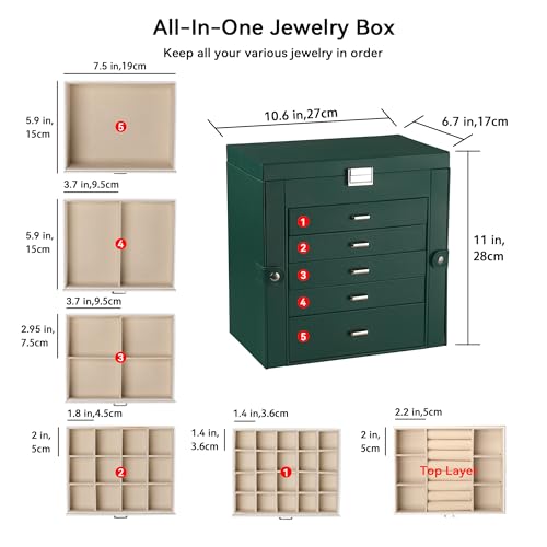 Frebeauty 6-Layer Jewelry Box for Women,Large Jewelry Organizer with Drawer - color: Blackish Green, size: Large