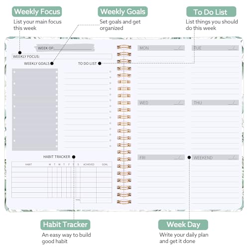 Thboxes A5 Weekly Planner, Undated Spiral To Do Notebook, Green Leaves - color: Green Leaves